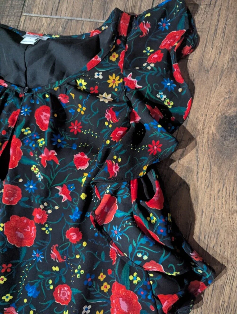 J Crew Black w/ Vibrant Red & Yellow Floral Print Flutter Mini Ruffle Dress Sz S